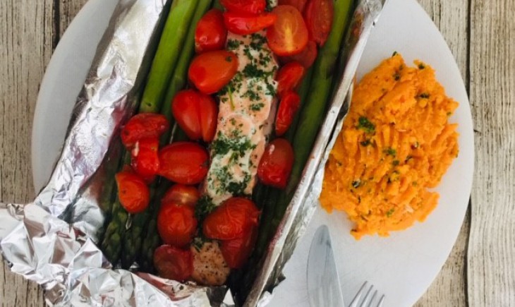 Zalmpakketje met zoete aardappelpuree Zalmpakketje met zoete aardappelpuree