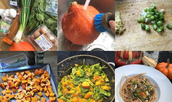 Herfst pasta met pompoen, kastanjechampignons en spinazie